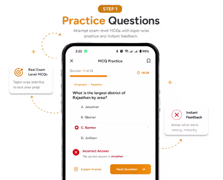 Tayari24 MCQ practice interface showing topic-wise filtering for Rajasthan exam preparation